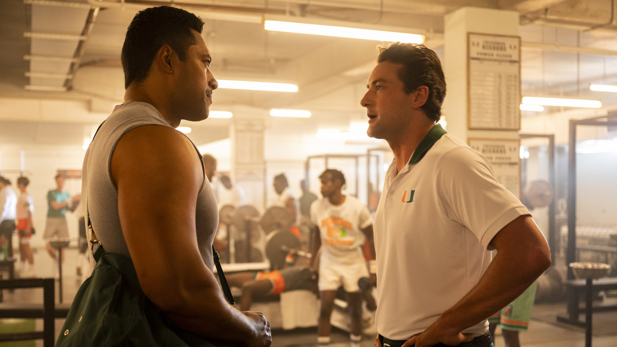 Production still of Ed Orgeron on NBC's "Young Rock"